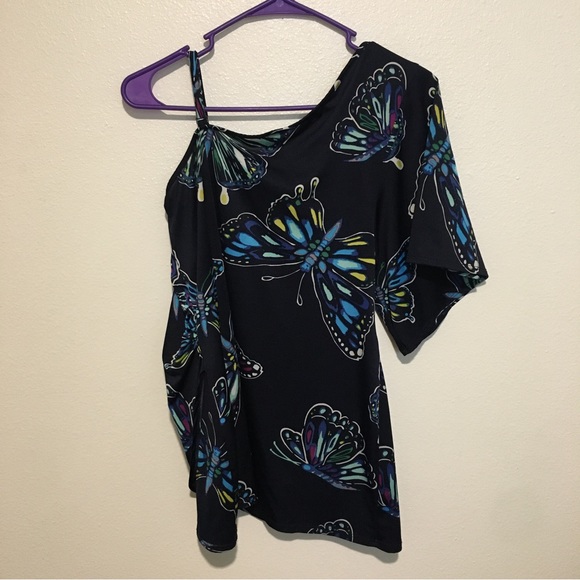 Blue Butterfly Pattern Single Shoulder Blouse - Picture 2 of 3